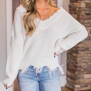 Black Frayed Distressed Crop V-neck Sweater